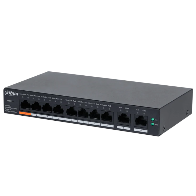 Switch PoE Dahua, 8 Puertos, 60W, 2 Uplink, 4.8Gbps.
