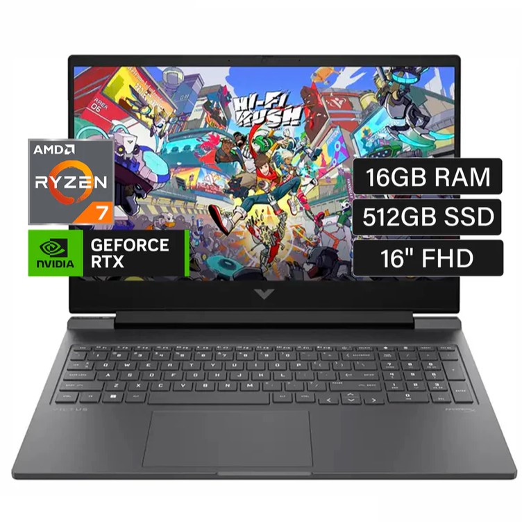 HP VICTUS, AMD Ryzen 7-8845HS, RAM 16GB DDR5, Disco SOLIDO NVMe 512GB, Pantalla 16" Full HD, Video Dedicado 8GB RTX 4070, Win 11, Tecl. Inglés Retroiluminado.