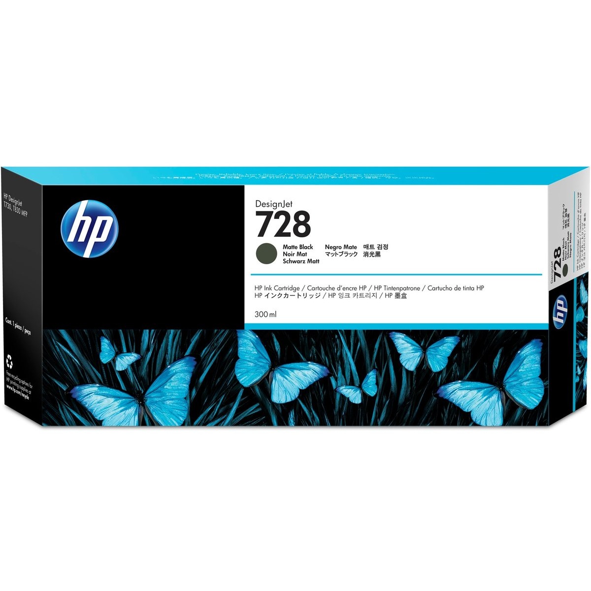 Cartucho HP 728, Matte Black, 300 ml, Para DesignJet T730/T830.