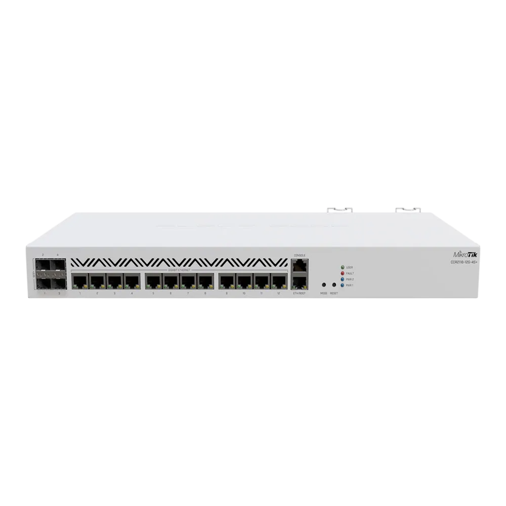 Cloud Core Router integra CPU de 16 nucleos de 2000 MHz, 16GB RAM, 12 puertos Gigabit, 4 puertos SFP+.
