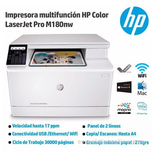 Multifuncional HP LaserJet Pro MFP M182NW, Impresora Láser a Color, Copiadora y Escáner, (17ppm), Pantalla LCD de 2 líneas, Wi-Fi, Ethernet, USB.