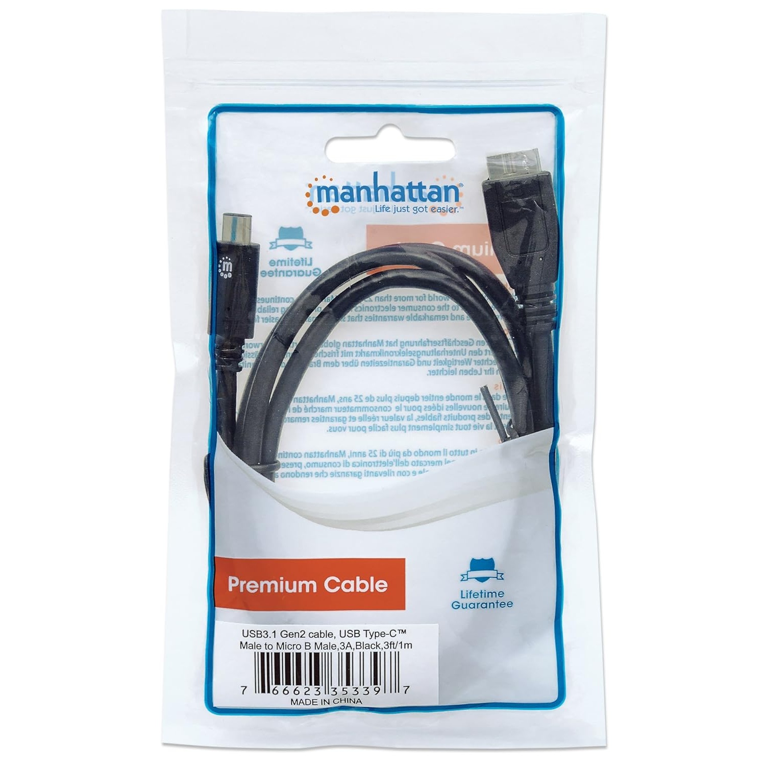Cable MANHATTAN USB tipo C a USB Micro-B, Negro, 1 m, 10Gbps